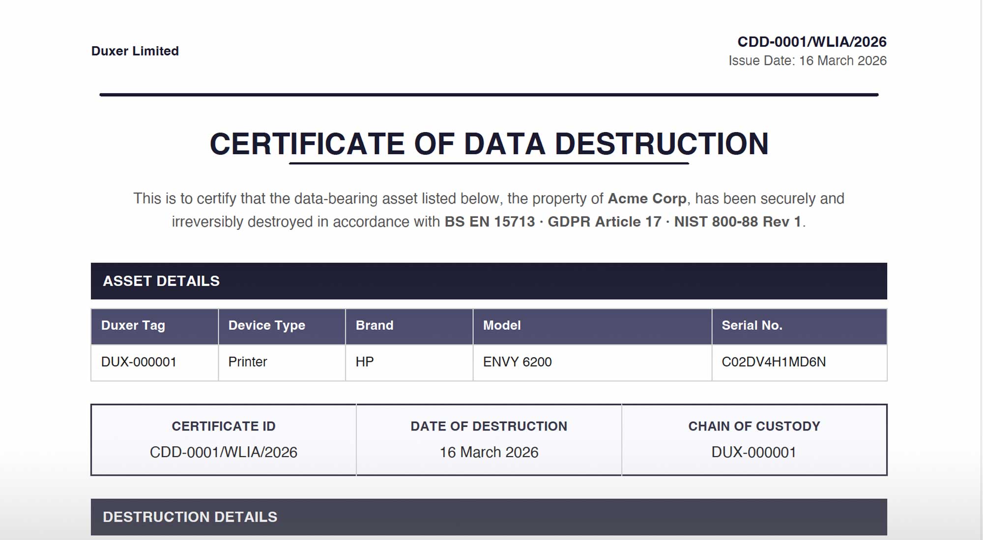 Certificate of Data Destruction